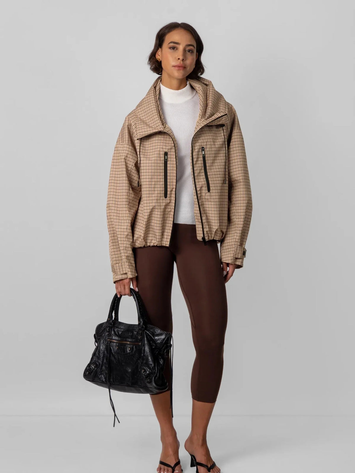 One Size Short Oversized Rain Jacket Beige Houndstooth