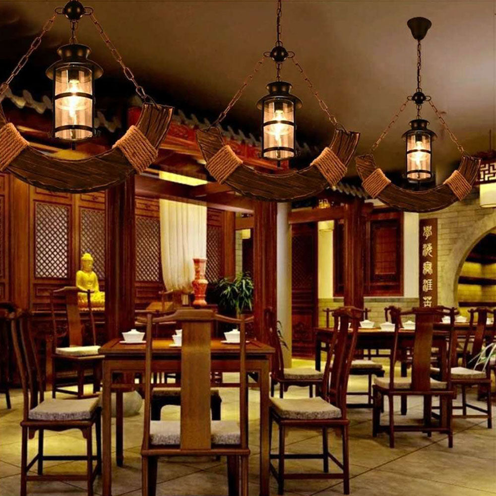 Austin Retro Rustic Arc Metal/Wood Lantern Glass Pendant Light