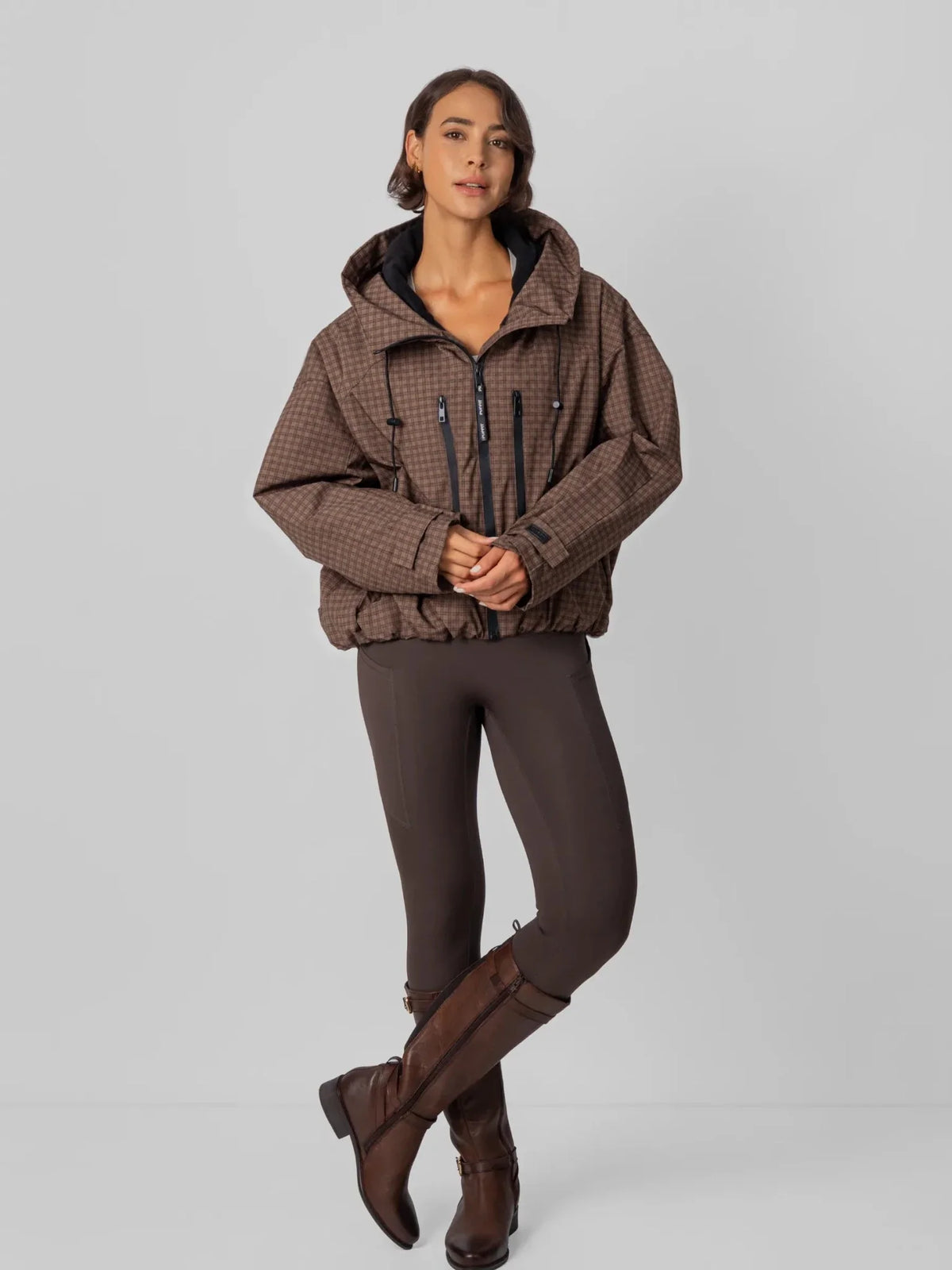 One Size Short Oversized Rain Jacket Brown Check