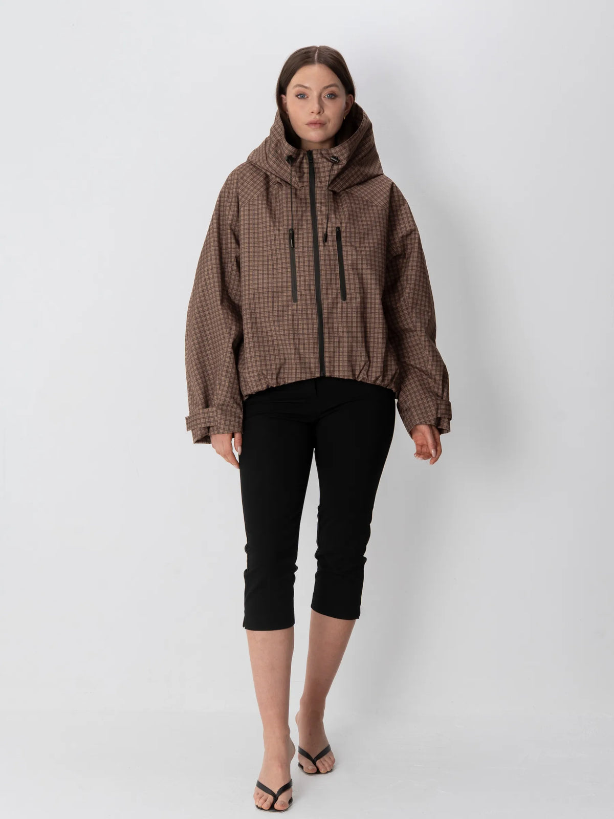 One Size Short Oversized Rain Jacket Brown Check