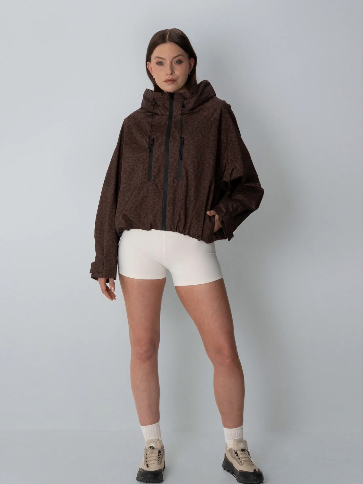 One Size Short Oversized Rain Jacket Mocha Leopard